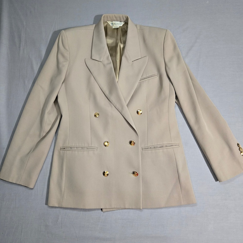 VTG Austin Reed Blazer 8 Tan Double Breasted Gold Button Wool Old Money Preppy